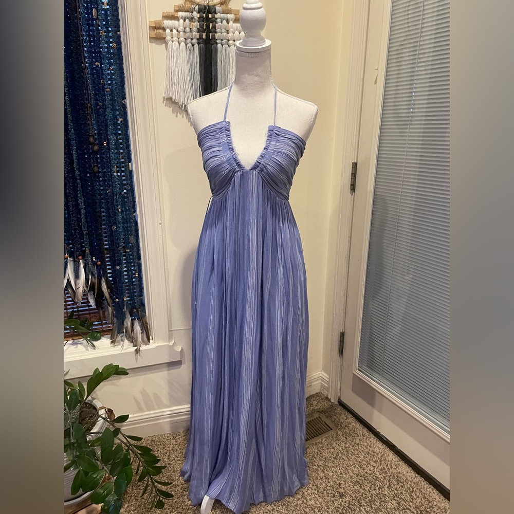 Blue and white striped maxi dress